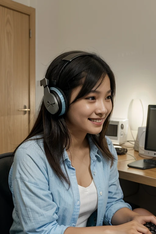 Asian, girl, playing on a computer, sitting, headphones on, light smile, profile photo, open shirt, looking at the camera