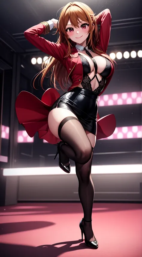 anime, beautiful face, highly detailed face, 2 accurate legs detailed eyes, highly detailed background, perfect lighting, accurate arms, accurate hands, accurate fingers, full body, 1girl, solo, ruby hoshino, oshi no ko, indoors, detailed heels, black heel...