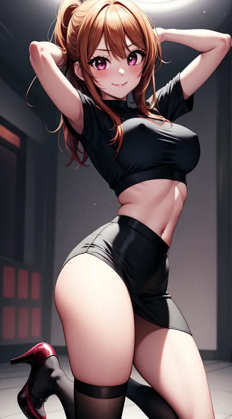 anime, beautiful face, highly detailed face, 2 accurate legs detailed eyes, highly detailed background, perfect lighting, accurate arms, accurate hands, accurate fingers, full body, 1girl, solo, ruby hoshino, oshi no ko, indoors, detailed heels, black heel...