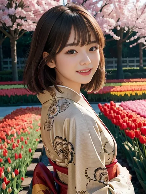 bangs ,long hair, (light brown hair:1.2), (kimono:1.2),smile, (tulip garden), short hair