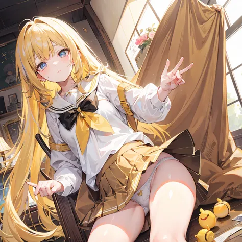 Shining light brownish yellow hair and pupils and white school uniform，With silver crystal pendant，Sweet Lolligirl，the whole thing is shining，show underwear