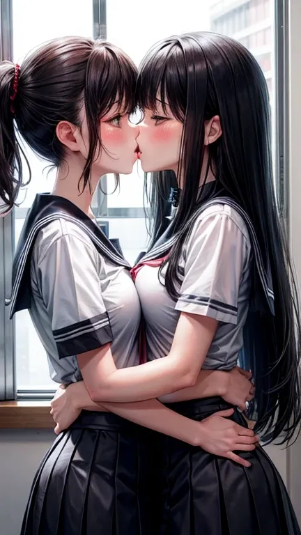 Two teenage girls，angry look，equivalent height，In the classroom，black hair，Facing each other and staring，hug each other，The two bodies are close to each other，kiss、Picture of two people、Holding hands and facing each other、Photograph of two people facing ea...