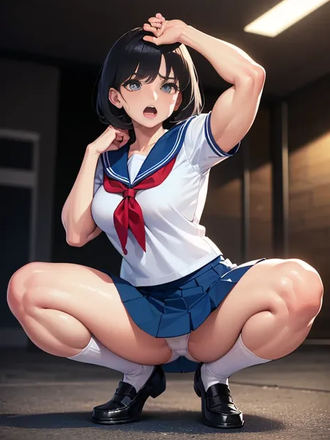 (best quality, 8k, highres, photorealistic:2.0), (solo, one girl:2.0),(lighting: strong),(lighting: front),(She screams as she climaxes intensely.:1.9),(very muscular girl:2.0),(bodybuilder girl:2.0),(oily skin:2.0),(black short hair:1.5),(Squat down on on...