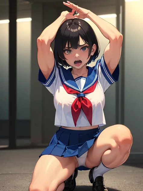 (best quality, 8k, highres, photorealistic:2.0), (solo, one girl:2.0),(lighting: strong),(lighting: front),(She screams as she climaxes intensely.:1.9),(very muscular girl:2.0),(bodybuilder girl:2.0),(oily skin:2.0),(black short hair:1.5),(Squat down on on...