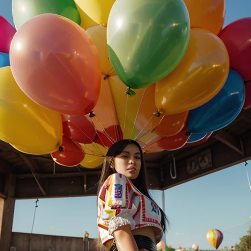 Dicoteca decorada con 2000 globos de latex. Pretty girl 20 years old walks among the balloons, algunos de helio. Trocitos de latex en el suelo. Muchos globos en el suelo 