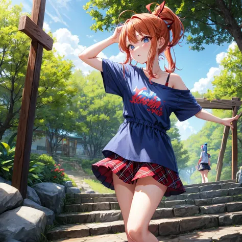 Red-blonde、blue hair、blue eyeraid、ponytail、one good looking girl、solo、anime、Plaid miniskirt、black t-shirt、camisole、forest、walking、Wearing a plaid baseball cap、Tilting your face、Doing the ribbon、sunset sky、stone bridge、stone stairs、petal、A small bird  flyin...