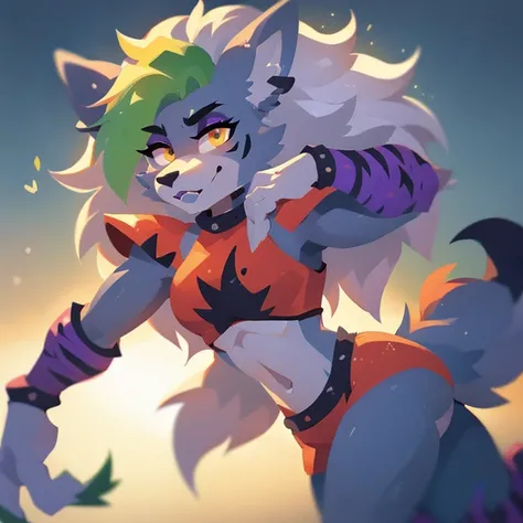 best quality, fnafroxanne, furry female, body fur, makeup, wolf ears, wolf tail, grey hair, green hair, yellow eyes, crop top,