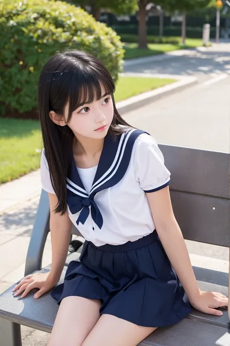 sitting on a park bench during the day、black hair short、14 years old、baby face、beautiful girl、sailor suit、open your legs、open your legs、I can see my underwear、I can see my underwear、sexy、sexy、High resolution、High resolution、high resolution