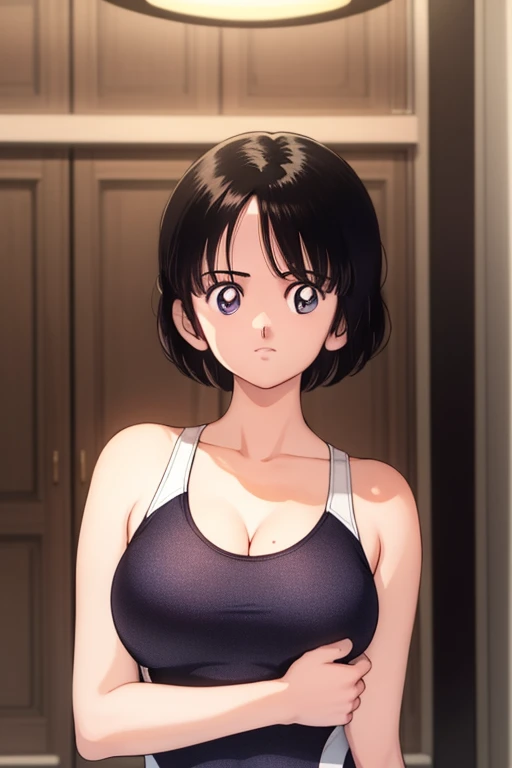 1girl, haruka, black hair, short hair, bangs, looking at viewer, medium breast, cleavage, (seiza), slender, upper body, ((competition swimsuit)), off_shoulder, (best quality, masterpiece:1.3), (perfect detailed anatomy, Beauty details eyes, Shiny skin, bea...