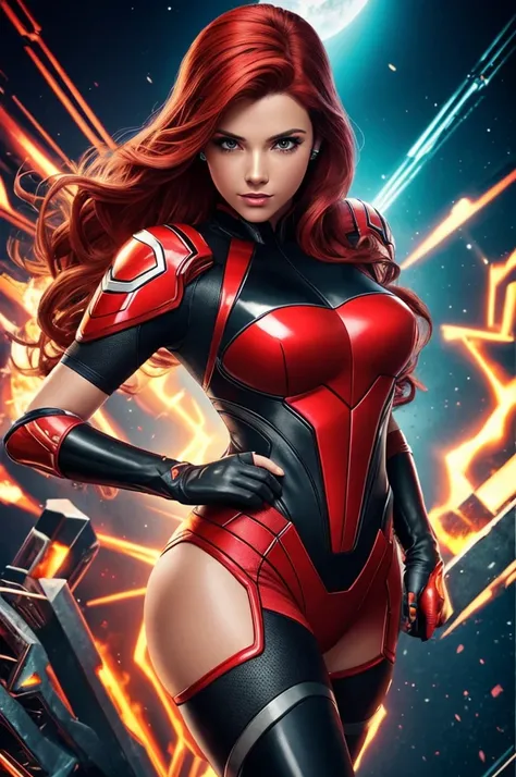 (best quality,8k:1.2,high resolution:1.2),ultra-detalhado,Realistic,vintage science fiction female superhero,retro, red hair,rosto extremamente detalhados,long eyelashes,Collant de nylon Apertado,pantyhose,metalic gloves, Glossy plastic accessories,fundo b...