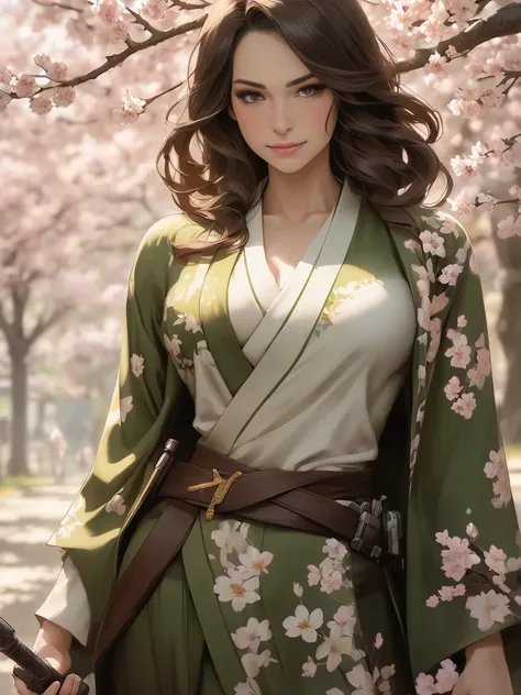 (Caucasianwoman, female, short brown hair, pale, brown eyes, solo portrait, natural breasts) green kimono, green clothing, close-up, smiling, standing outside, good lighting, daytime, cherry blossoms((masterpiece, best quality)), art by greg rutkowski