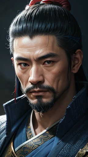 oriental、ancient chinese man in blue clothes、ancient chinese hairstyle man、three kingdom、multiple warlords、highest quality、masterpiece、ultra high resolution、(Photoreal:1.4)、game poster、inside the house、Upper body、highest quality、masterpiece、ultra high reso...