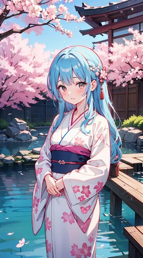 G cup、beautiful beauty、wet kimono、wet hair、water droplets、Opened kimono、white kimono、Cherry blossom pattern、blue hair、brown eyes、long hair down to the waist、embarrassed face、Japanese garden in the evening、｛Highest image quality｝