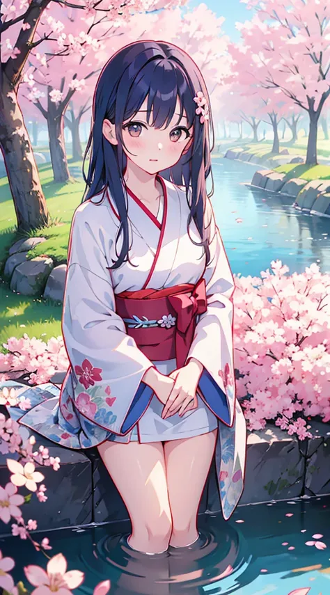 G cup、beautiful beauty、wet kimono、wet hair、water droplets、Opened kimono、white kimono、Cherry blossom pattern、blue hair、brown eyes、long hair down to the waist、embarrassed face、Japanese garden in the evening、｛Highest image quality｝