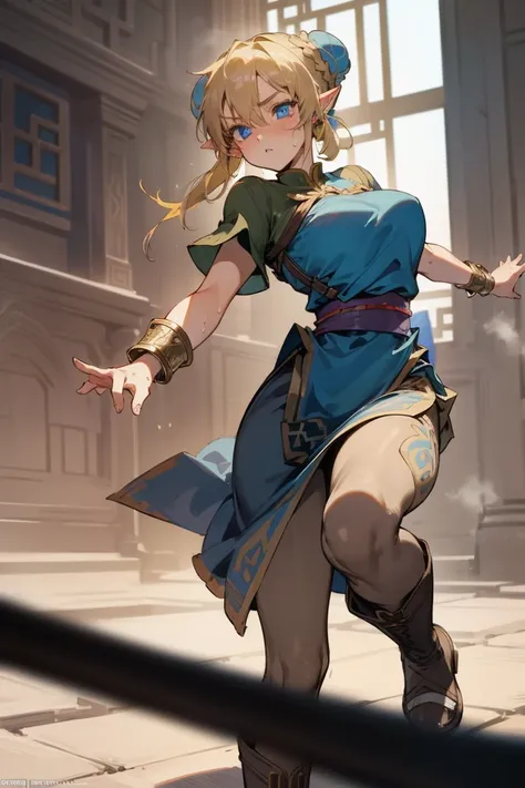 (link:1.6), legend of zelda, GS-womanly, chunli, (blue eyes:1.5), (blonde hair:1.4), (bun cover:1.5), double bun, eyeliner, hair bun, lipstick, makeup, pink lips,
BREAK blue dress, boots, bracelet, brown pantyhose, china dress, chinese clothes, cross-laced...