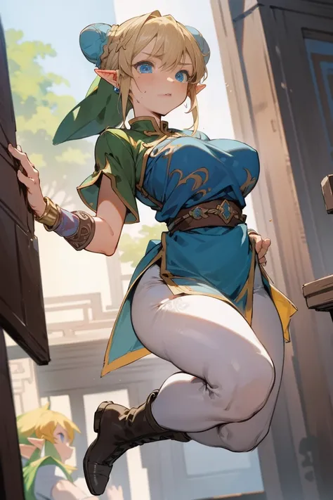 (link:1.6), legend of zelda, GS-womanly, chunli, (blue eyes:1.5), (blonde hair:1.4), (bun cover:1.5), double bun, eyeliner, hair bun, lipstick, makeup, pink lips,
BREAK blue dress, boots, bracelet, brown pantyhose, china dress, chinese clothes, cross-laced...