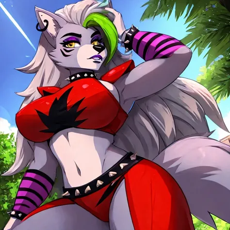 fnafroxanne, furry female, body fur, makeup, wolf ears, wolf tail, crop top, big breasts, purple lipstick, collar, spikes, jewelry, ear piercing, bracelet, yellow eyes, detailed eyes, 3DMM, gray hair, green hair, make sure to look for a roxanne model