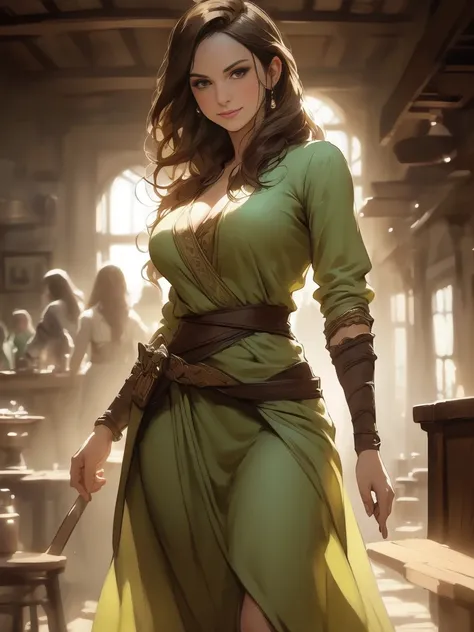 (Caucasianwoman, female, short brown hair, pale, brown eyes, solo portrait, natural breasts) green dress, long flowing dress, green clothing full body, smiling, standing inside, good lighting, daytime, inside of a tavern, ((masterpiece, best quality)), art...