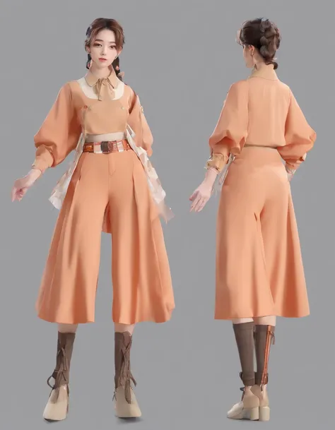 Costume planning theme autumn and winter return to dust，Style:  simplicity, Old money style, Reference brand TEME 2023. Moya Seoul 2023 colors: Peach, Amber brown, Orange-yellow details: The top  smart，Casual culottes with loose straps，White shirt material...