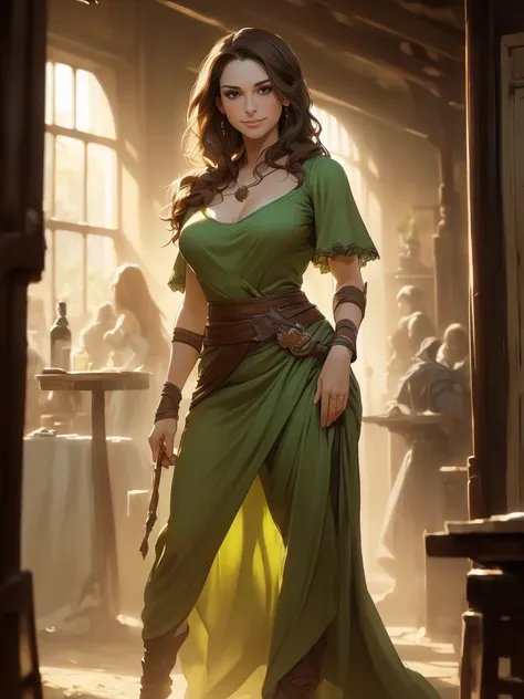 (Caucasianwoman, female, short brown hair, pale, brown eyes, solo portrait, natural breasts) green dress, long flowing dress, green clothing full body, smiling, standing inside, good lighting, daytime, inside of a tavern, ((masterpiece, best quality)), art...