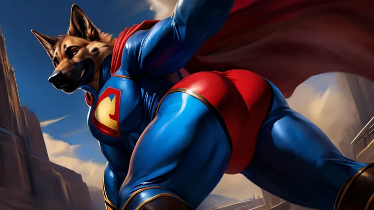 4k resolution solo, german shepherd, wearing blue bodysuit superhero Superman spandex costume, red speedo, red boots, red long cape, presenting his butt to viewer, by chunie