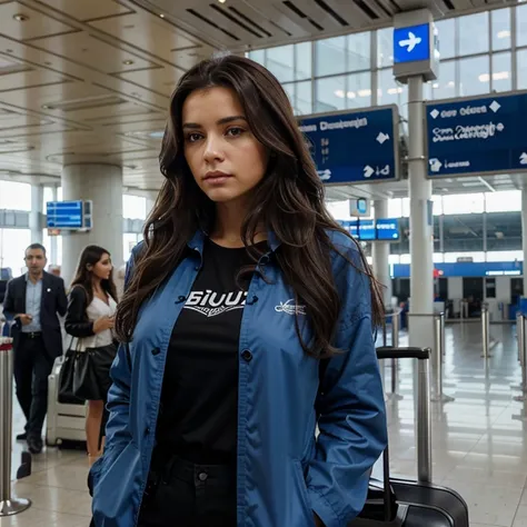 Brunette Latina,regard sombre,cheveux long, wavy hair, cheveux bleus, beau corp, at the airport 