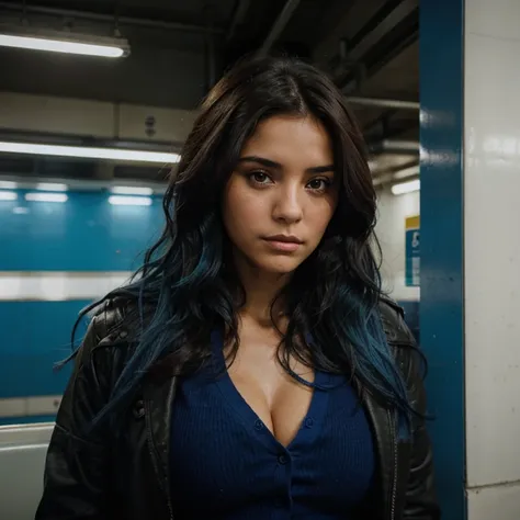 Superbe Brunette Latina profonde, regard sombre avec de longs, wavy and blue hair in the subway