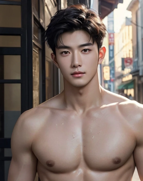 ((High quality)), ((masterpiece)), ((highly detailed)), perfect face, realistic, ((man)), ((Asian)), black hair, comma hair style, ((shirtless)), street, ((handsome)), detailed eyes, beautiful detailed nose, realistic body, realistic light, comfortable exp...