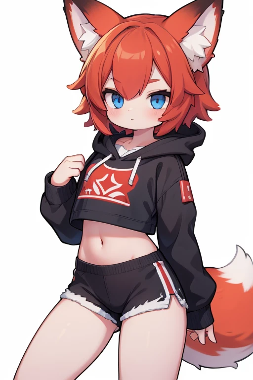 1girl, short red hair, blue eyes, crop top hoddie, fox ears, black shorts, fox tail.