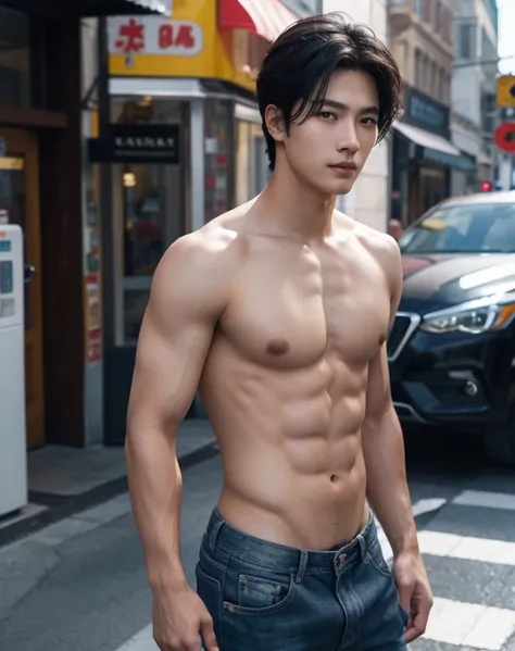 ((High quality)), ((masterpiece)), ((highly detailed)), perfect face, realistic, ((man)), ((Asian)), black hair, comma hair style, ((shirtless)), street, ((handsome)), detailed eyes, beautiful detailed nose, realistic body, realistic light, comfortable exp...