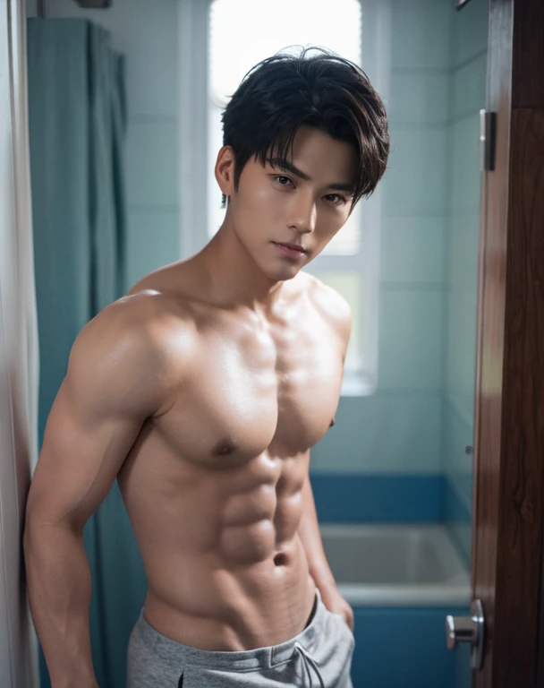 ((High quality)), ((masterpiece)), ((highly detailed)), perfect face, realistic, ((man)), ((Asian)), black hair, comma hair style, ((handsome)), detailed eyes, beautiful detailed nose, realistic body, realistic light, comfortable exprssions, cute guy, swea...