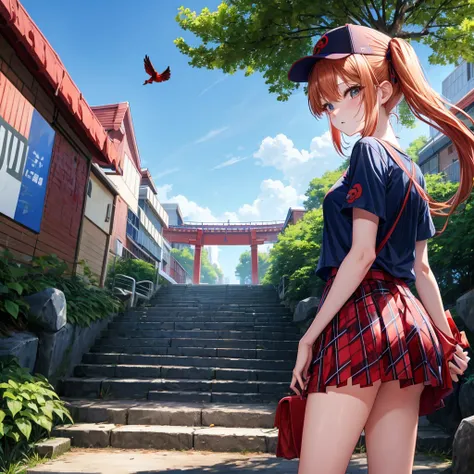 Red-blonde、blue hair、blue eyeraid、ponytail、one good looking girl、solo、anime、Plaid miniskirt、black t-shirt、camisole、forest、walking、Wearing a plaid baseball cap、Tilting your face、Doing the ribbon、sunset sky、stone bridge、stone stairs、petal、A small bird  flyin...