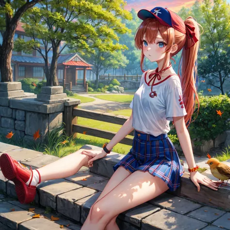 Red-blonde、blue hair、blue eyeraid、ponytail、one good looking girl、solo、anime、Plaid miniskirt、black t-shirt、camisole、forest、sitting、Wearing a plaid baseball cap、Tilting your face、Doing the ribbon、sunset sky、stone bridge、stone stairs、petal、A small bird  flyin...