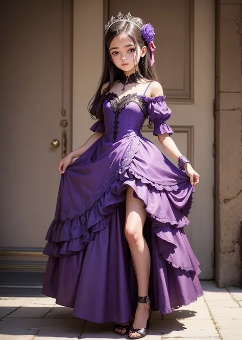 Araffe vestida con un vestido morado y tacones altos., 12 years, 12 son, vestido sexy, 16 years old, 15 years, 13 years old, vestido abierto, vestida con un vestido morado, 