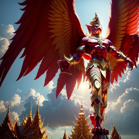 (garuda 1) red eyes, muscular body. best anatomy: red-skinned garuda. red-haired garuda. large, outstretched, red-winged garuda....