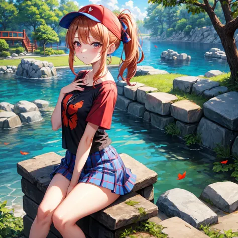 Red-blonde、blue hair、blue eyeraid、ponytail、one good looking girl、solo、anime、Plaid miniskirt、black t-shirt、camisole、forest、sitting、Wearing a plaid baseball cap、Tilting your face、Doing the ribbon、sunset sky、stone bridge、stone stairs、petal、A small bird  flyin...