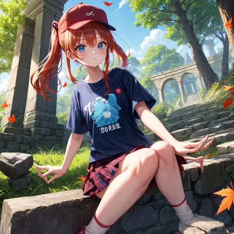 Red-blonde、blue hair、blue eyeraid、ponytail、one good looking girl、solo、anime、Plaid miniskirt、black t-shirt、camisole、forest、sitting、Wearing a plaid baseball cap、Tilting your face、Doing the ribbon、sunset sky、stone bridge、stone stairs、petal、A small bird  flyin...