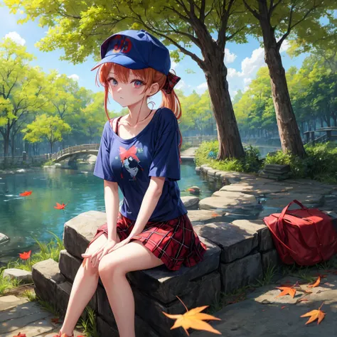 Red-blonde、blue hair、blue eyeraid、ponytail、one good looking girl、solo、anime、Plaid miniskirt、black t-shirt、camisole、forest、sitting、Wearing a plaid baseball cap、Tilting your face、Doing the ribbon、sunset sky、stone bridge、stone stairs、petal、A small bird  flyin...