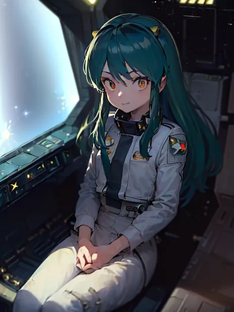 16k,(masterpiece:2),(best quality:2),(realistic),((ultra detailed)),(cinema lighting),(upper body), 2-tone green color long hair, a matured female,medium breasts,(a pilot of  a small space fighter:2),(((((sitting and manipulating the control stick by hands...