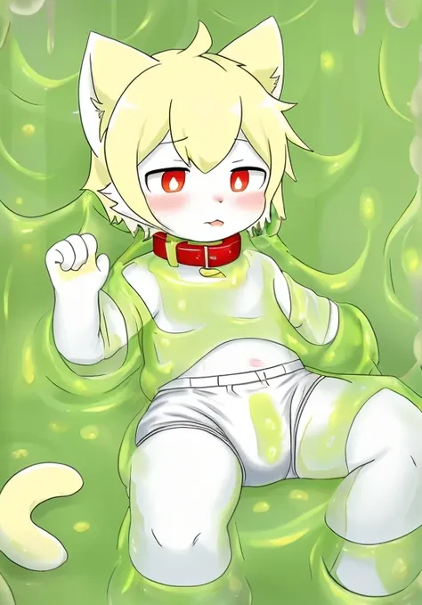 A male white cat wearing a diaper，潜入Light yellow slime中，into the slime，（（The thighs are covered with light yellow mucus）），Light yellow slime，collar，red pupils，cat ears，cat nose