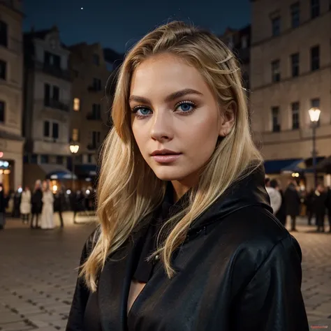 (Blonde air)(blue eyes)(about 25 years old)(prominent lips)(night background)(outdoor in a square with many people behind)(with elegant black coat)