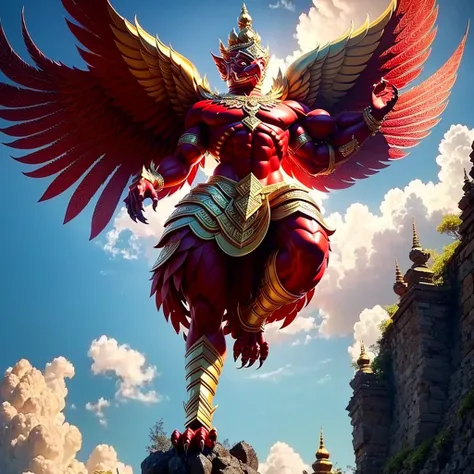 (garuda 1) red eyes, muscular body. best anatomy: red-skinned garuda. red-haired garuda. large, outstretched, red-winged garuda....