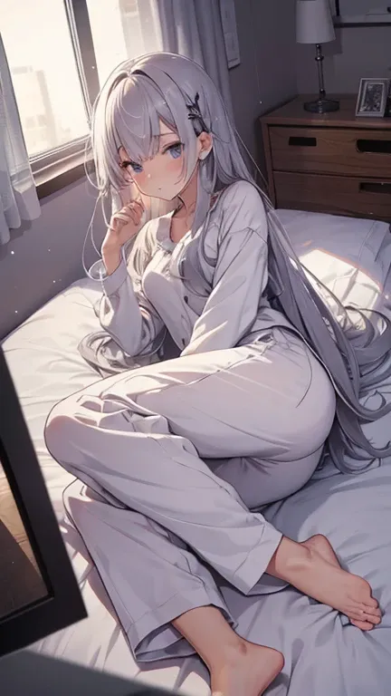 female,silver hair,In pajamas,Sleeping,night