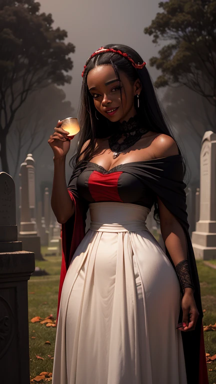 obra de arte, a beautiful black girl wearing a long red antique dress, pele lisa cabelos negros longo, She&#39;s in the cemetery at night, there is a dense fog, she is laughing, noite tenebrosa, estilo horror.