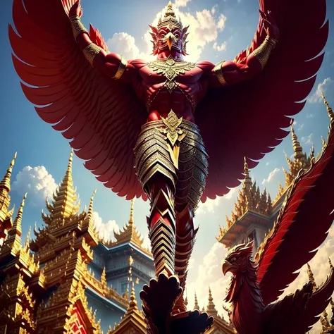 (garuda 1) red eyes, muscular body. best anatomy: red-skinned garuda. red-haired garuda. large, outstretched, red-winged garuda....