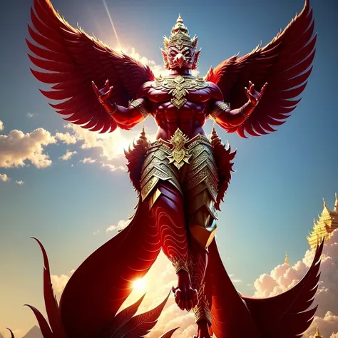 (garuda 1) red eyes, muscular body. best anatomy: red-skinned garuda. red-haired garuda. large, outstretched, red-winged garuda....