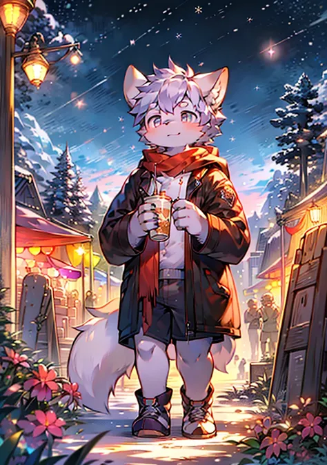 One grows up、mature fox，Wearing and red scarf, The fox  very tall. a handsome fox，Coat color  purple, Has purple fur, White hair around the mouth and cheeks, Purple hair, furry ears, hairy neck, He stood high in the snow, Looking up at the snowy sky，Smile ...