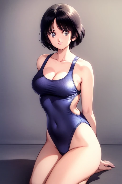 1girl, haruka, black hair, short hair, bangs, looking at viewer, medium breast, cleavage, (seiza), slender, upper body, (clothes pull, competition swimsuit), (best quality, masterpiece:1.3), (perfect detailed anatomy, Beauty details eyes, Shiny skin, beaut...