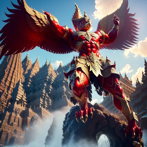 (garuda 1) red eyes, muscular body. best anatomy: red-skinned garuda. red-haired garuda. large, outstretched, red-winged garuda....