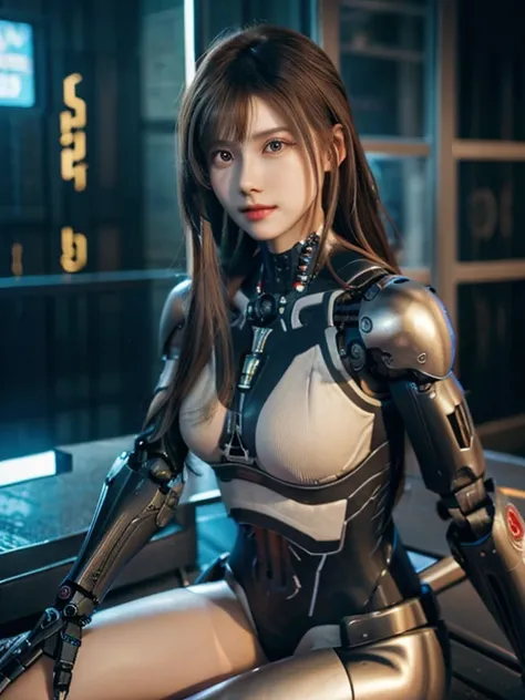 masterpiece、live-action、Over-the-knee portrait、((plug suit)), ((beautiful girl:1.2))、mechanized body、Mechanized chest and abdomen、mechanized occiput、Light brown semi-long hair, almost black、long eyes、Mechanized leg rack metallic suit that perfectly fits th...